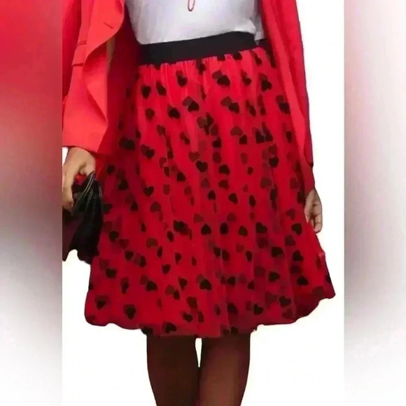 NWT NY&C 3D HEART DOUBLE-LAYERED MESH Midi SKIRT IN RED Size XXL - Picture 1 of 8